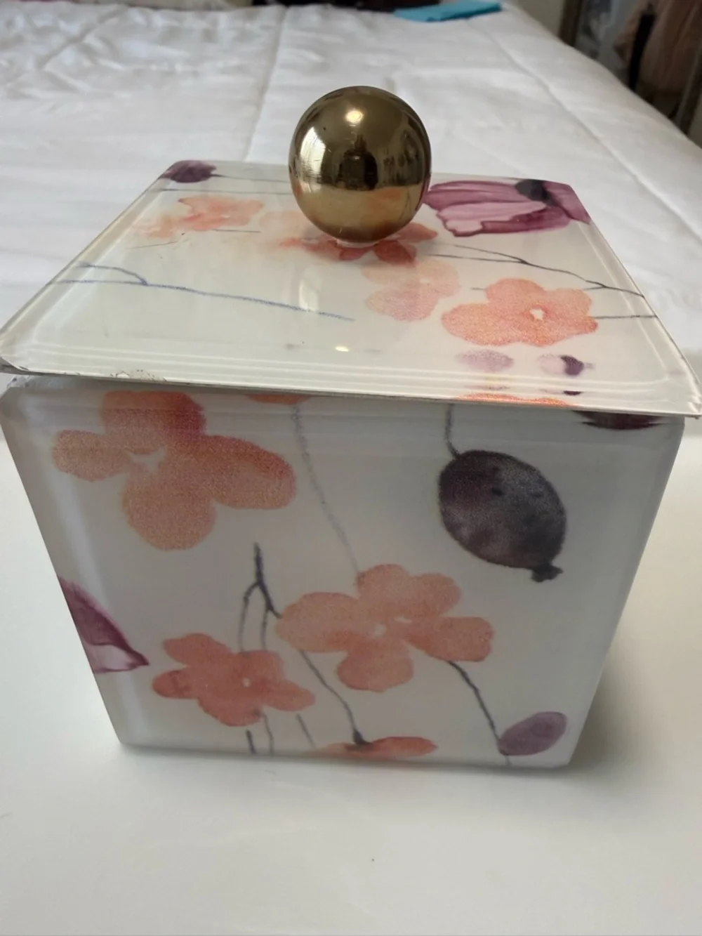 Floral Decorative acrylic Storage Box with Gold Knob & leather lining.